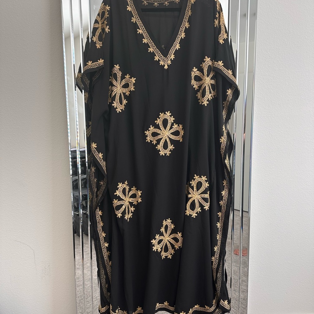 Dodo Bar Or Black and Gold Maxi Dress with V-Neck and Dolman Sleeves